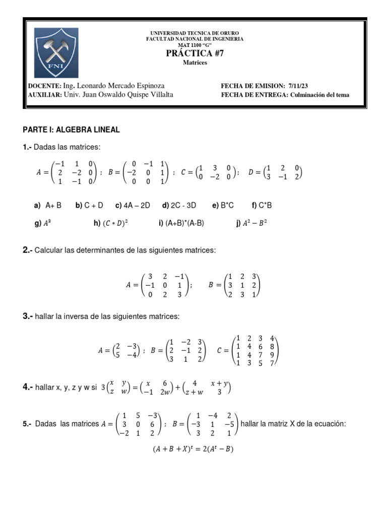 Práctica 7 Mat 1100 G | PDF | Álgebra | Matemáticas