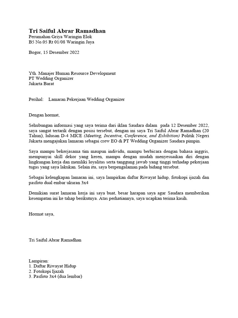 Surat Lamaran Kerja - Tri Saiful Abrar Ramadhan | PDF