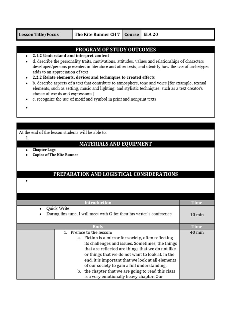 The Kite Runner Chapter 7 Lesson Plan PDF Psychological Trauma Rape