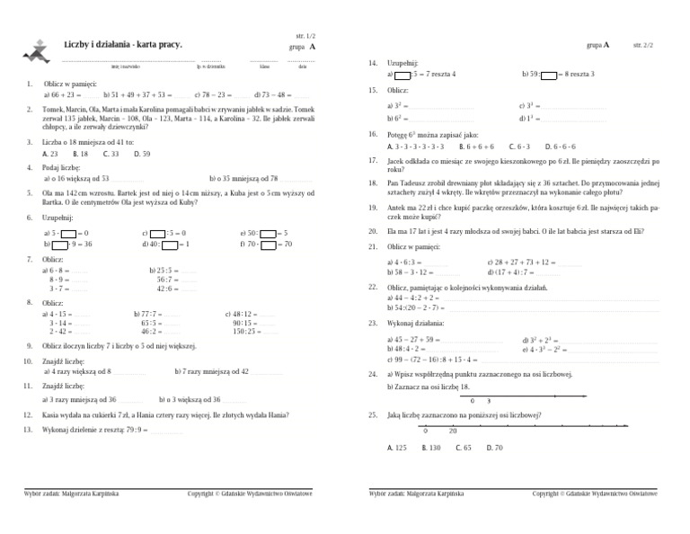 Nasze Cwiczenia Klasa 2 Matematyka Sprawdzian 4a Matematyka - Karta Pracy Kl. 4a | PDF