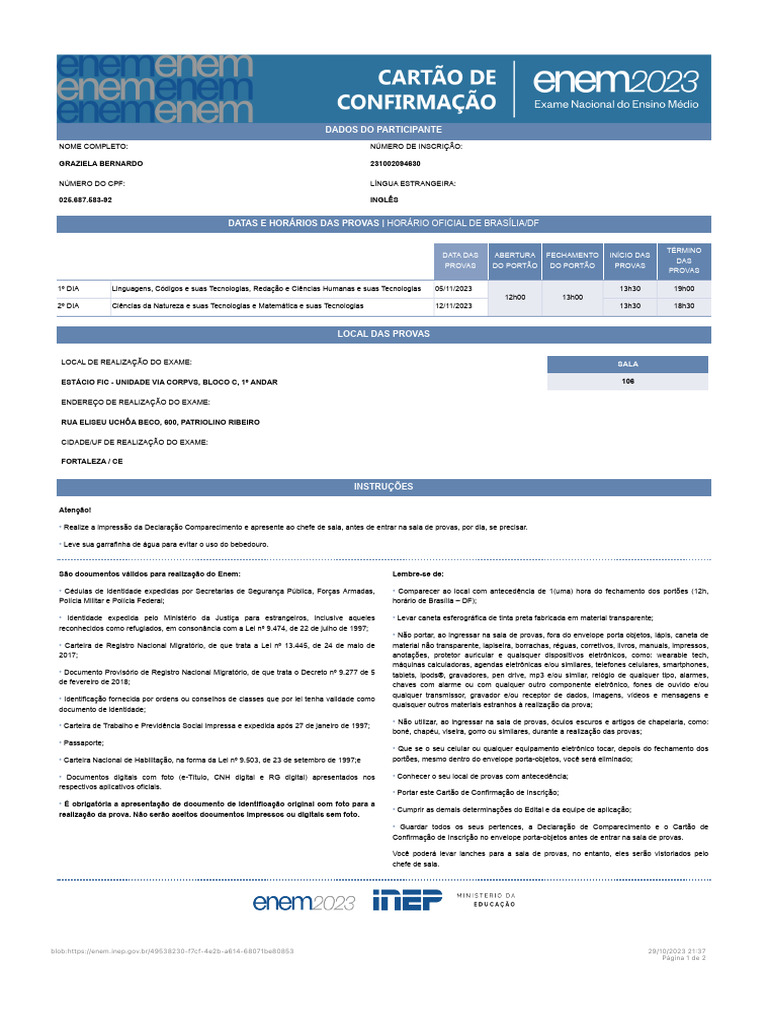 Cartao de Confirmação Enem | PDF