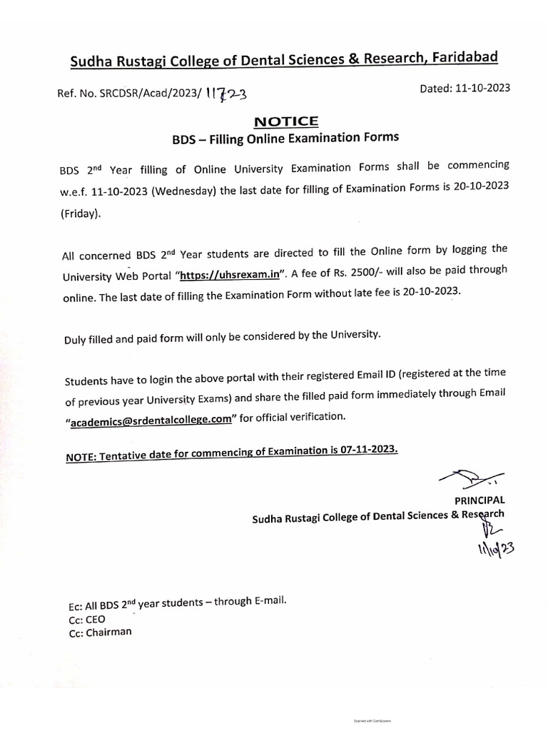 BDS - 2nd Year Filling of Examinations Forms | PDF