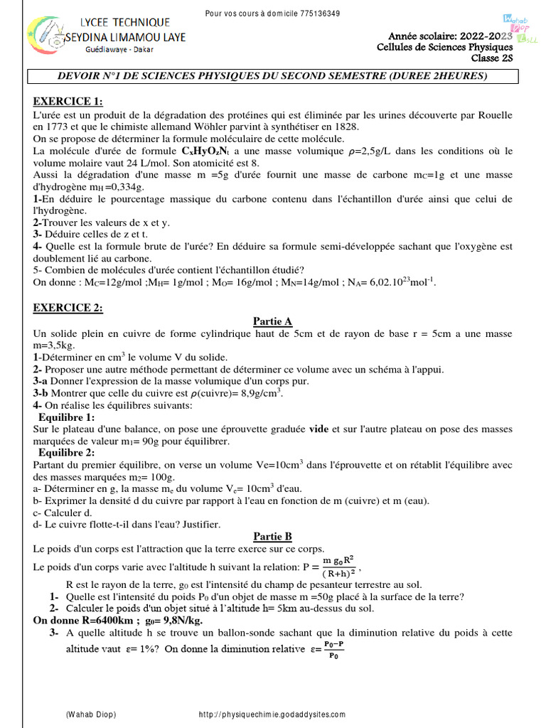 Devoir de Physique 2S - Semestre 2 | PDF | Poids | Masse