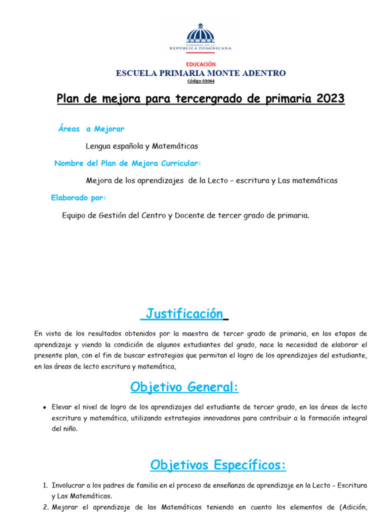 Plan de Mejora Tercer Grado Primaria | PDF | Evaluación | Educación ...