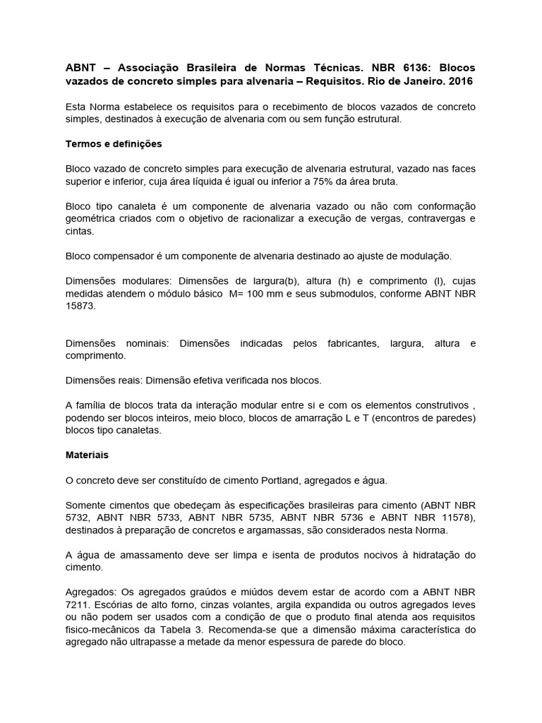 Fichamento ABNT NBR 6136 2016 | PDF | Cimento | Concreto