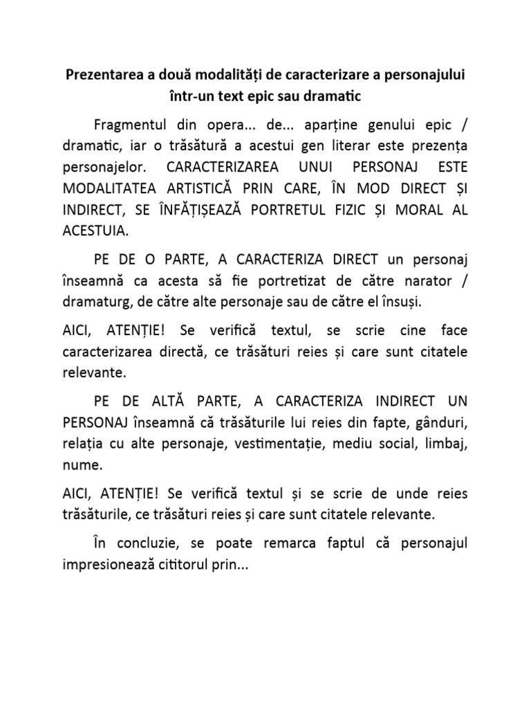 Prezentarea A Două Modalități de Caracterizare A Personajului Într-Un ...