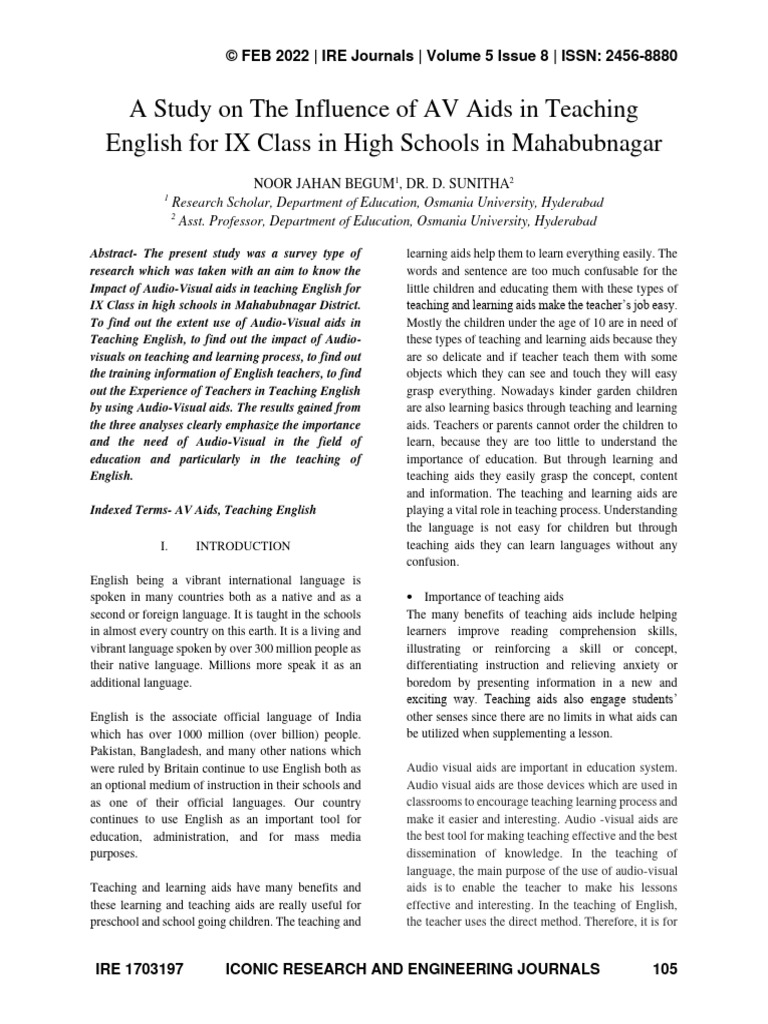 A Study On The Influence of AV Aids in Teaching English For IX Class in