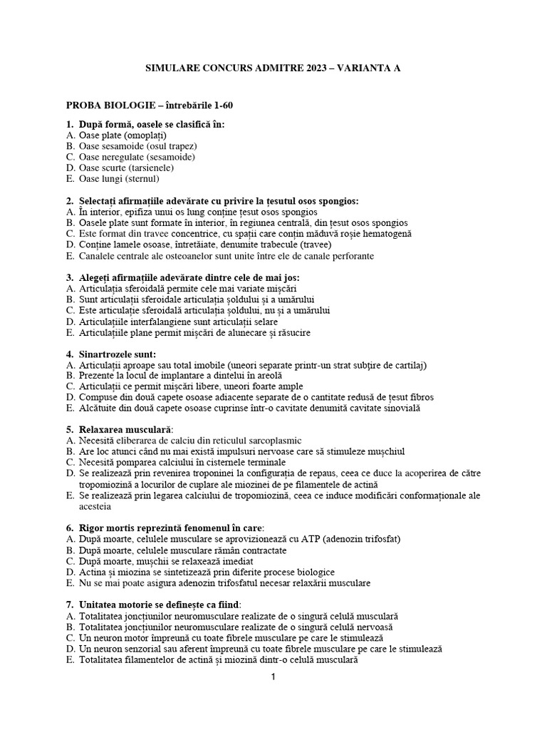 Subiecte Varianta A Tip 1 Simulare Admitere 2023 | PDF