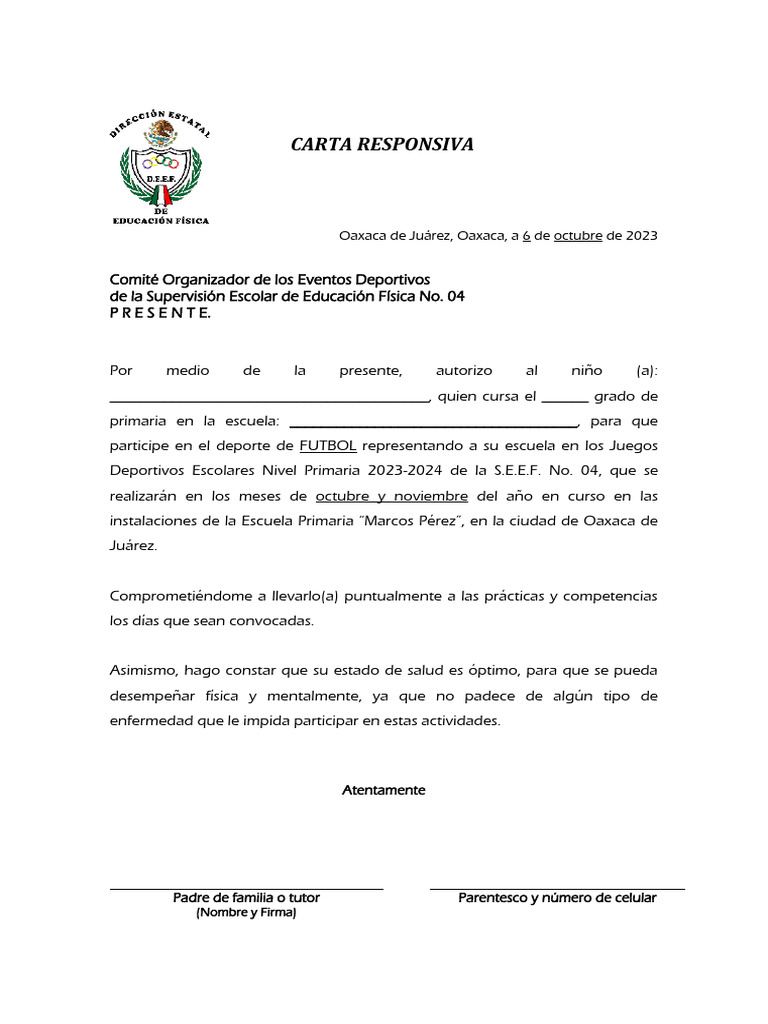 Carta Responsiva Futbol | PDF