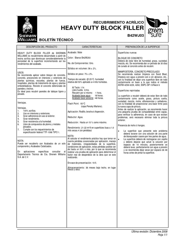 Heavy Duty Block Filler Sherwin-Williams | PDF | Pintar | Agua
