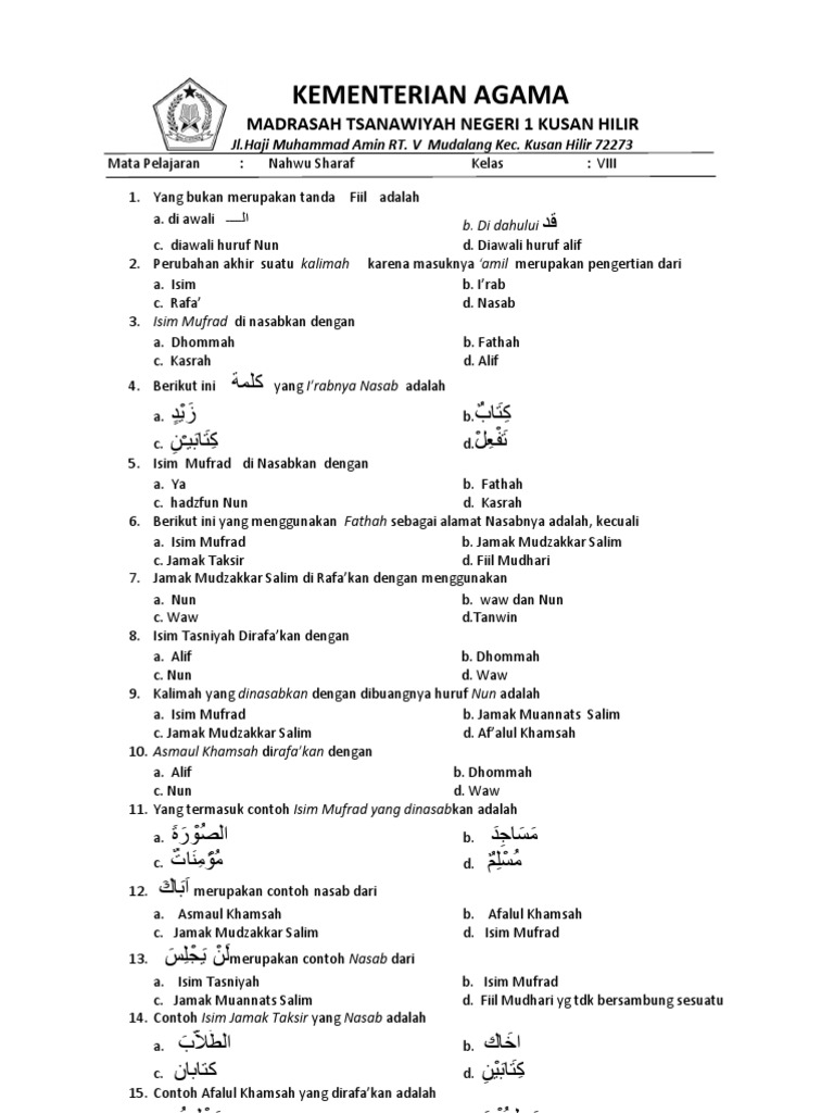Soal Nahwu Sharaf 8 Smt2