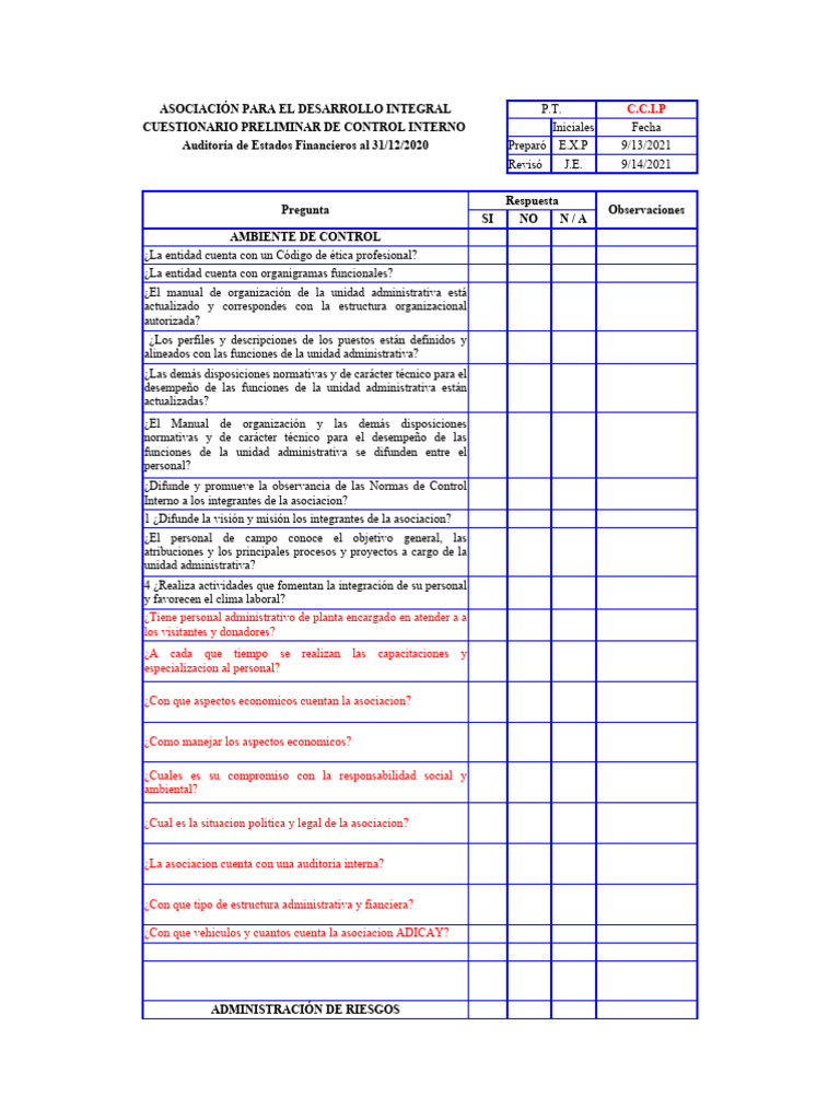 Cuestionario de Control Interno Preliminar | PDF | Auditoría