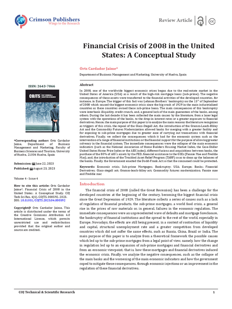 Financial Crisis of 2008 in The United States: A Conceptual Study | PDF ...