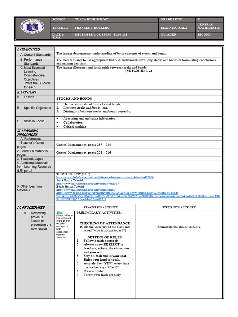 Lesson Plan Stocks And Bonds Pdf Bonds Finance Stocks