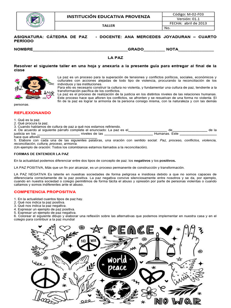 Taller sobre Cultura de Paz en Educación | PDF | Paz | Violencia