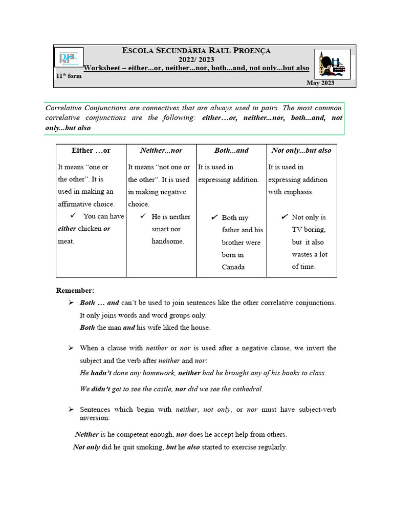 Worksheet - Correlative Conjunctions | PDF | Linguistic Morphology ...