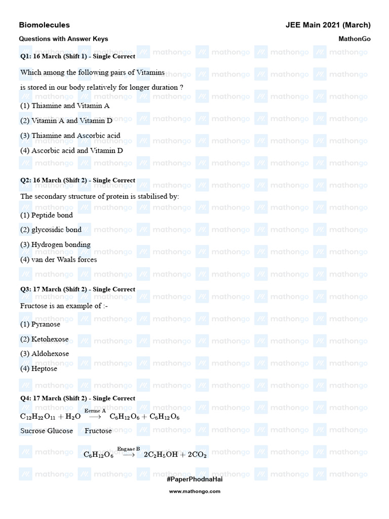 Mathongo Question Biomolecules Jee Main 2021 March Chapterwise