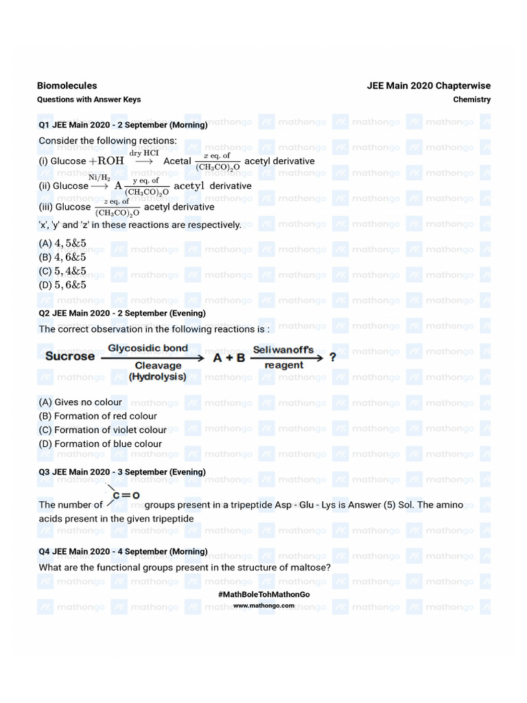 Biomolecules Questions Jee Main 2020 Chapterwise Question Bank Mathongo