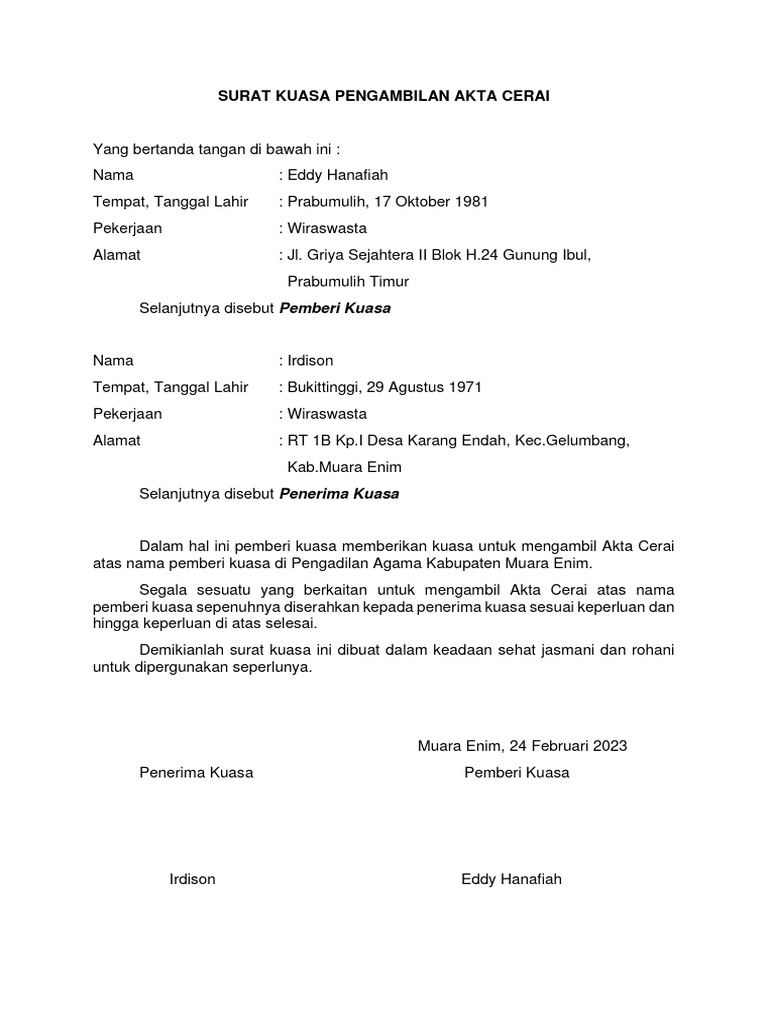Surat Kuasa Pengambilan Akta Cerai | PDF