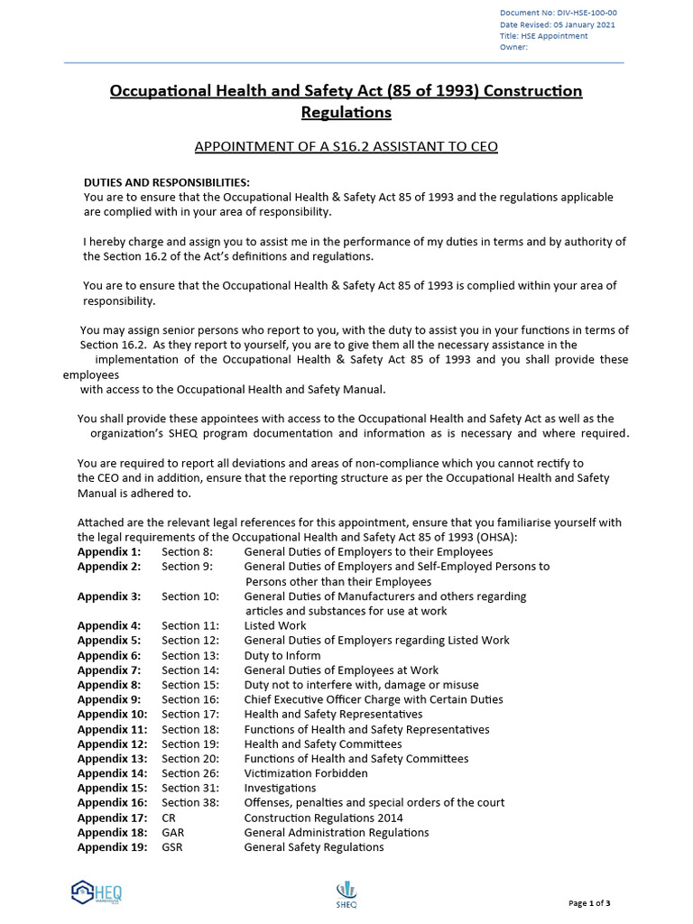HSE Appointment for CEO Assistant | PDF | Occupational Safety And ...