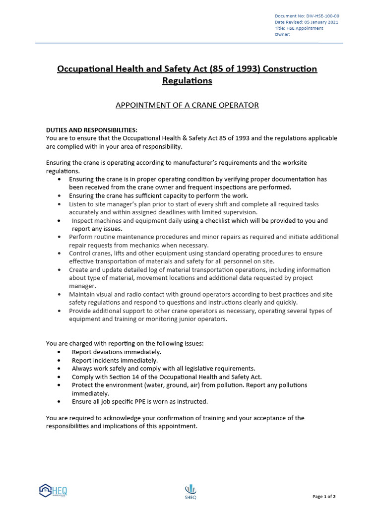 Appointment - CR22 Crane Operator - 2021 | PDF | Occupational Safety ...