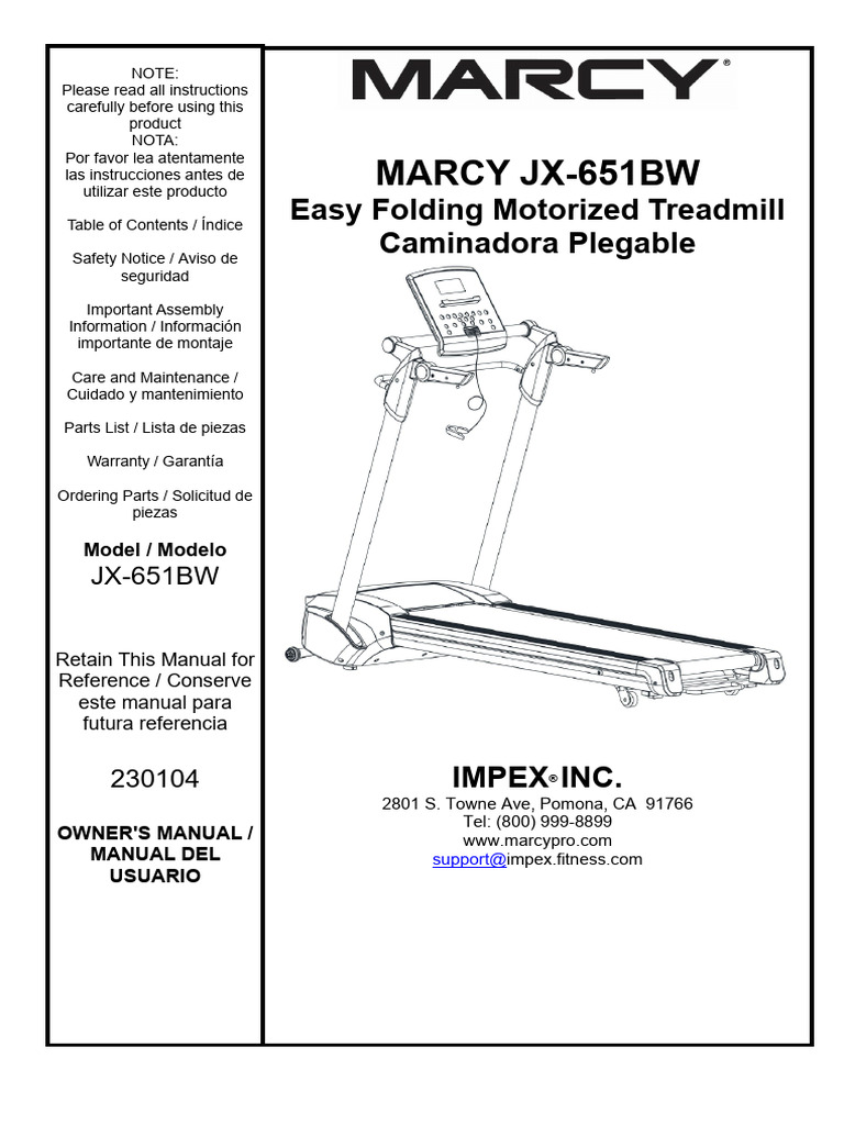 contentProduct20ManualsSouth20American20ManualsTreadmillJX-651BW ENG SPA  Walmart20SA 1-04 - 2 | PDF | Screw | Treadmill