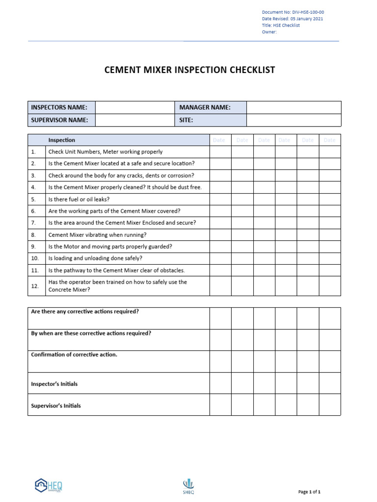Cement Mixer Inspection Checklist | PDF