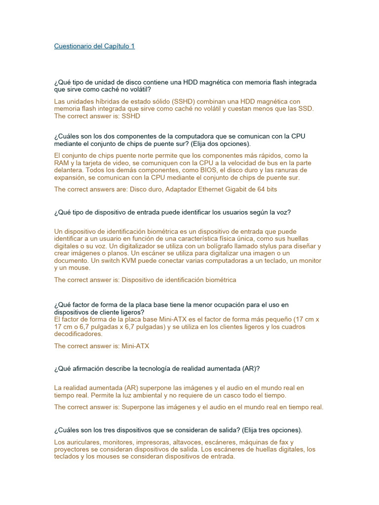 Cuestionario sobre Hardware y AR | PDF | Disco duro | Hardware de la ...