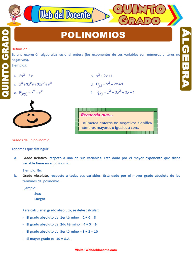 Los Polinomios para Quinto Grado de Primaria PDF Matemáticas De La Computación Matemáticas