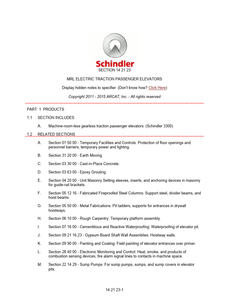 14 21 23 MRL Electric Traction Passenger Elevators (Schindler Elevator ...