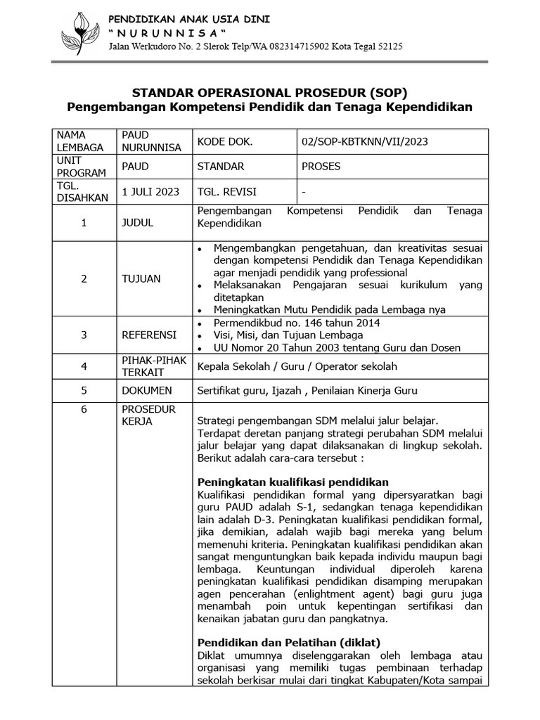 SOP Pengembangan Kompetensi Pendidik PAUD | PDF