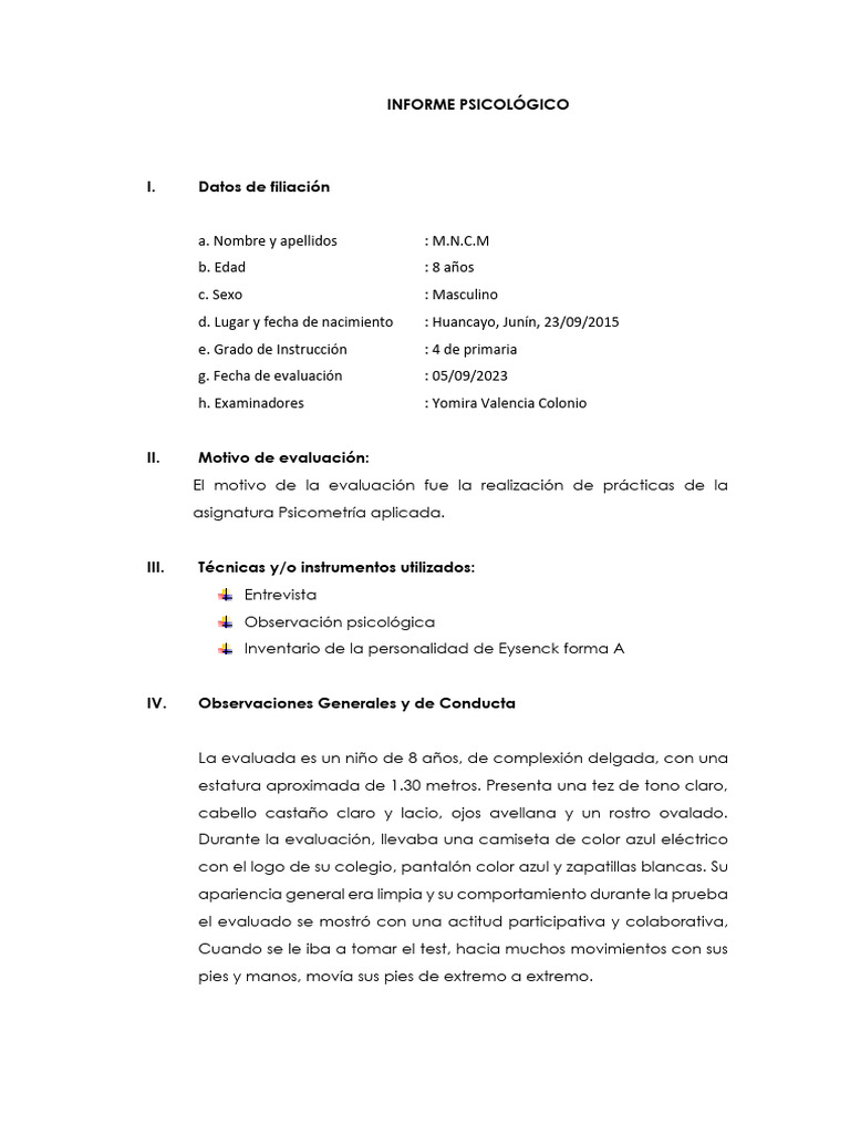 Informe Psicológico B | PDF | Las emociones | Aprendizaje