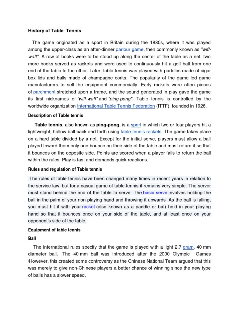 History of Table Tennis Pool (Cue Sports) Cue Sports