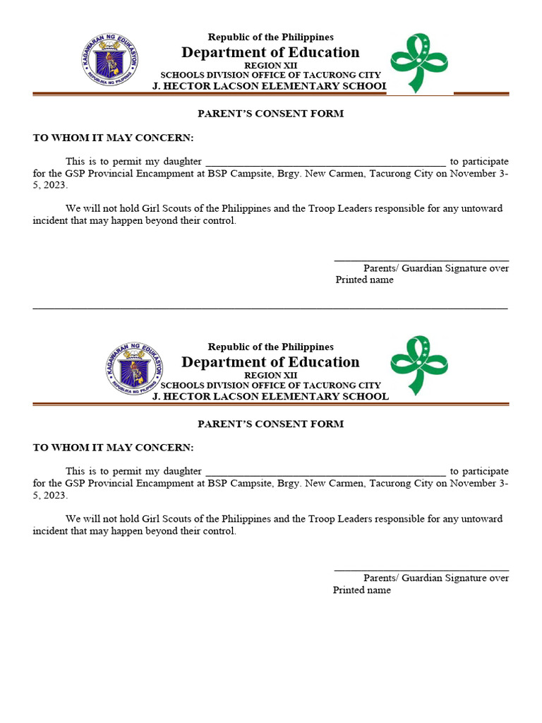 GSP Parent Consent Form for Encampment | PDF | Career & Growth | Social ...