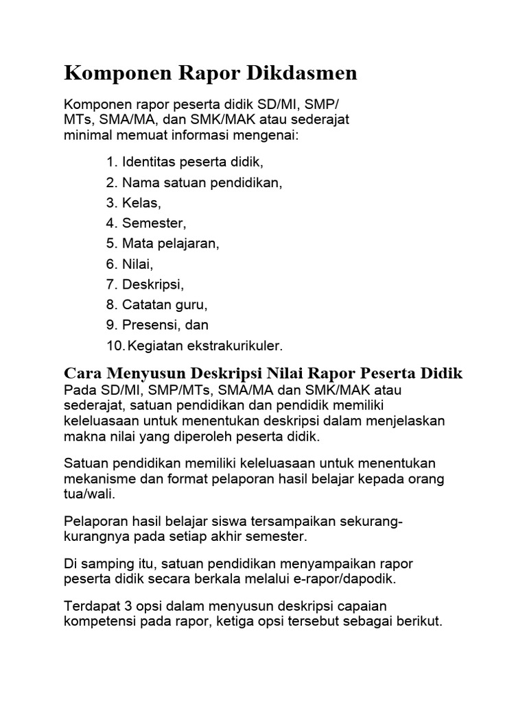 Contoh Rapor Kurikulum Merdeka SD/SMP | PDF
