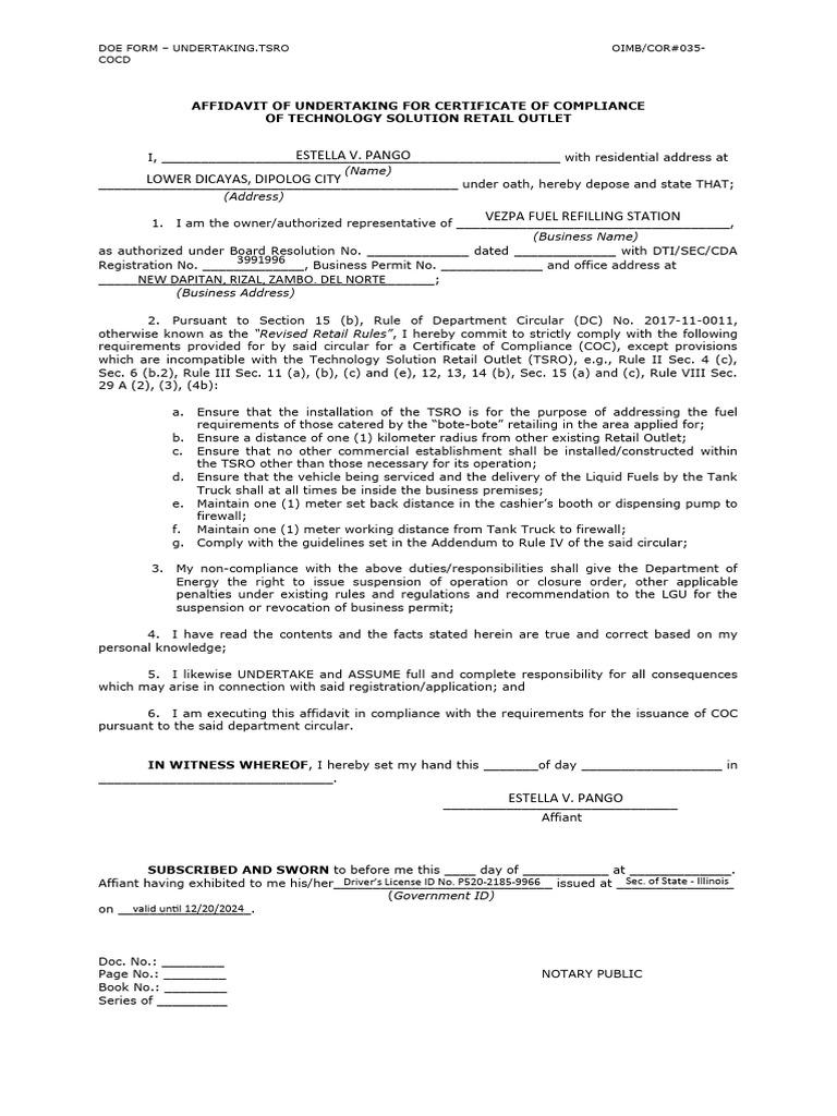 TSRO Undertaking Form | PDF | Affidavit | Common Law