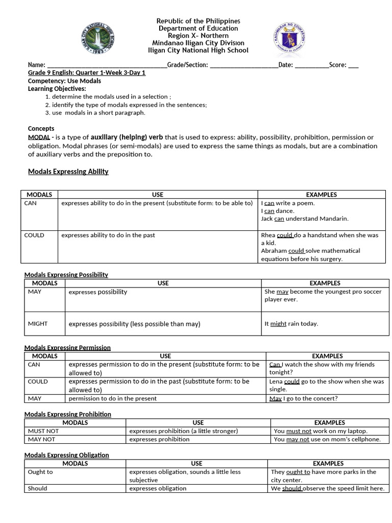 Using Modals in Grade 9 English | PDF | Linguistics