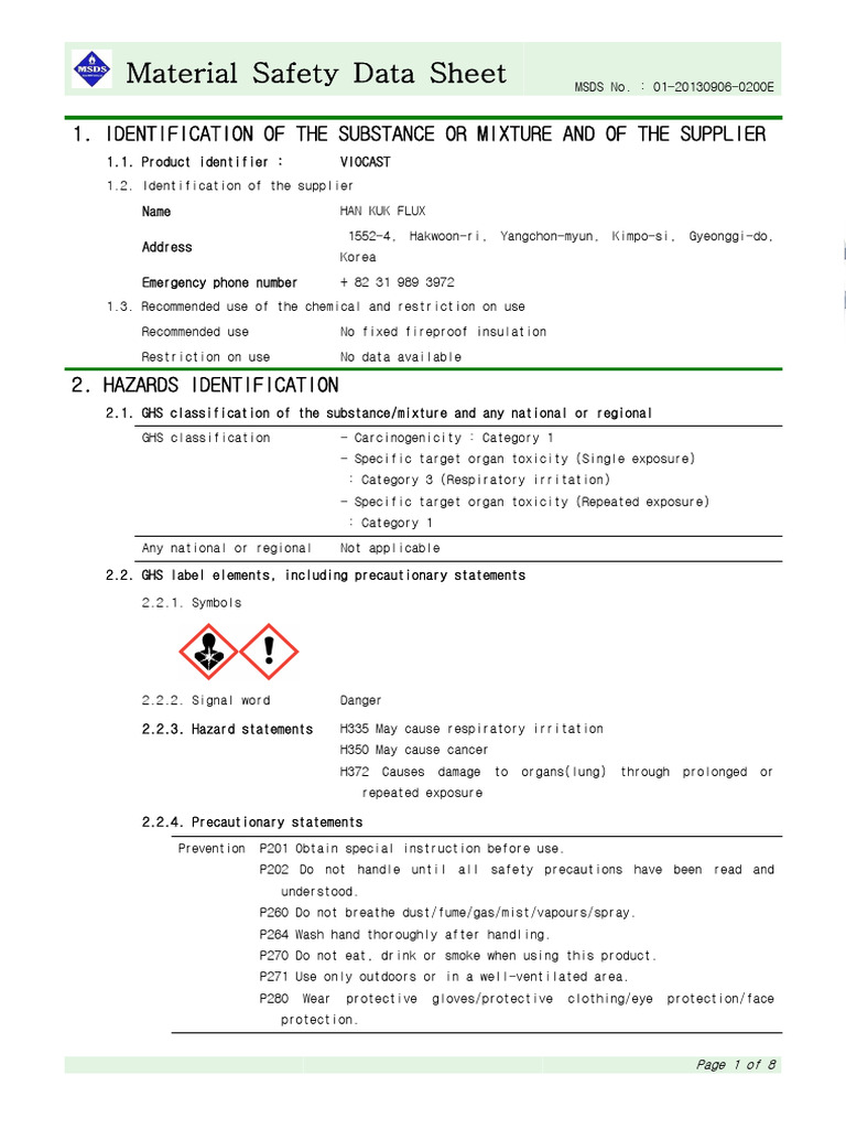 VIOCAST MSDS: Flammability & Hazards | PDF | Occupational Safety And ...