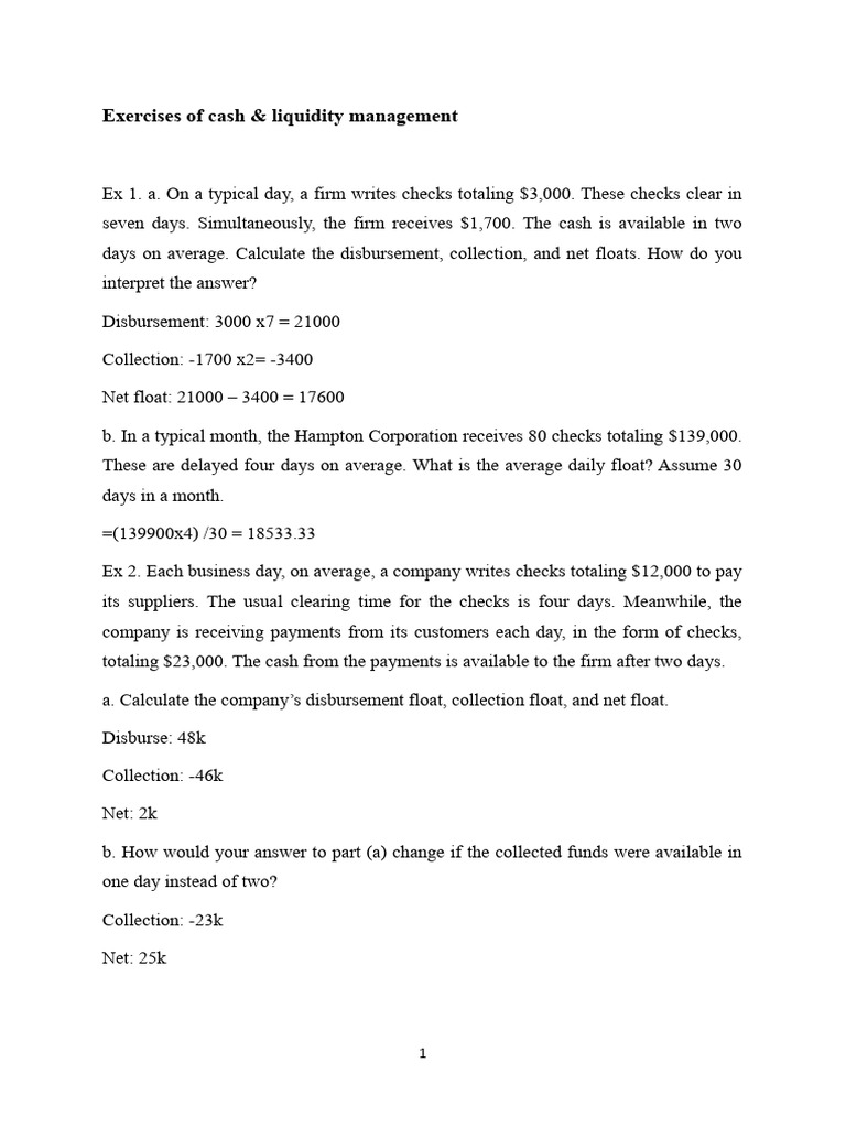 Cash & Liquidity Management Exercises | PDF | Banks | Interest