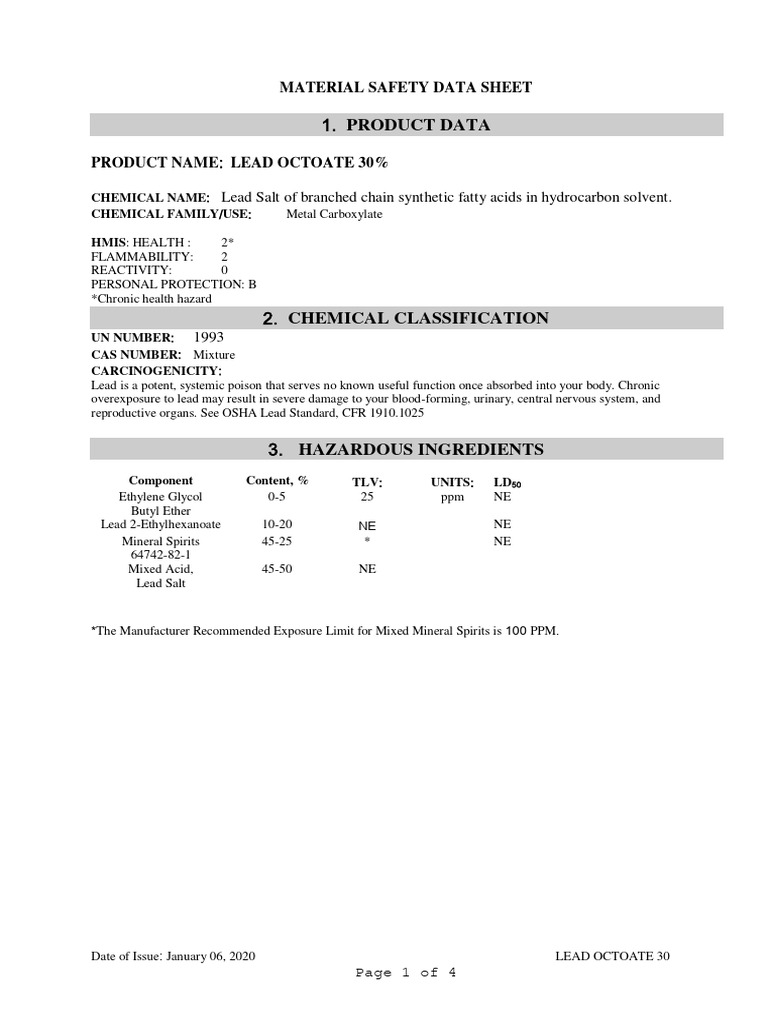 Lead Octoate 30 Msds PDF Solvent Water