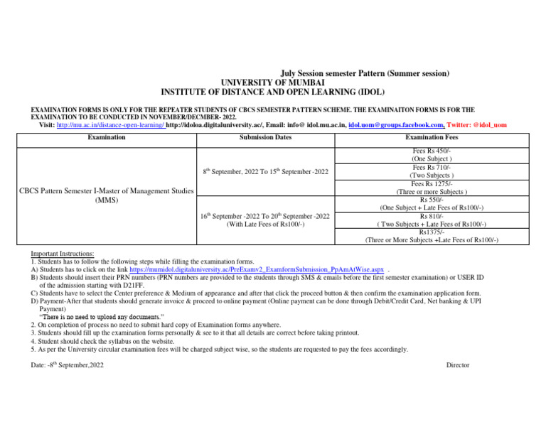 MMS Sem I Examination Forms For Repeaters PDF Payments Debit Card