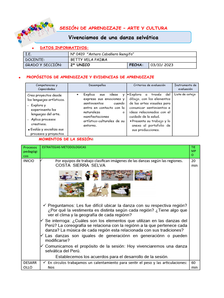 Sesión de Aprendizaje - Arte - Bailamos Una Danzae La Selva | PDF ...