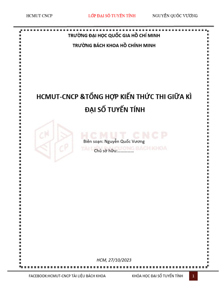 Hcmut-Cncp &Tổng Hợp Kiến Thức Thi Giữa Kì Đại Số Tuyến Tính | PDF