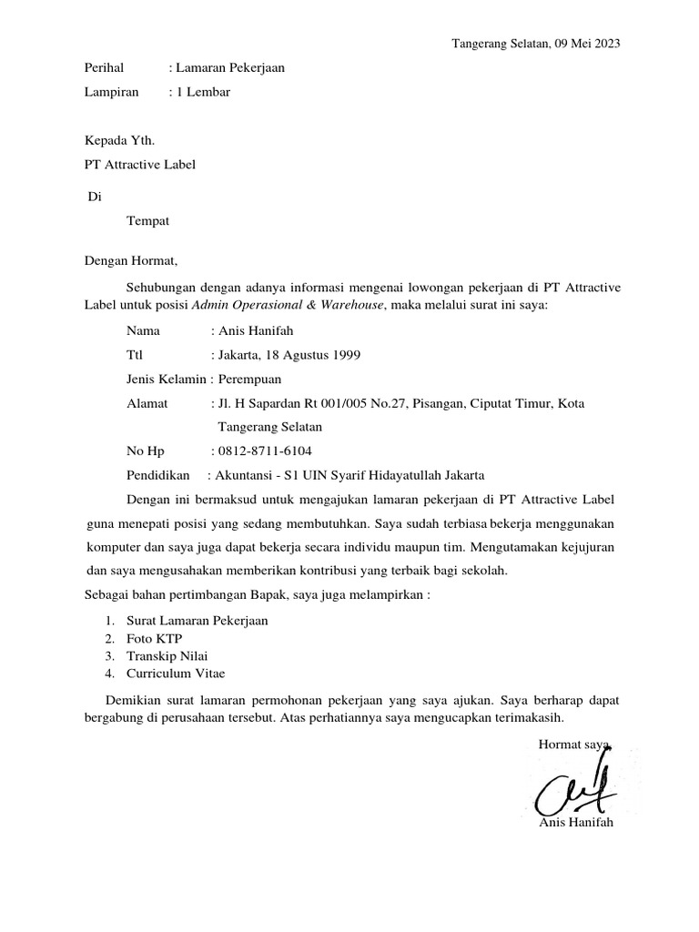 Surat Lamaran Pekerjaan PT Attractive Label | PDF