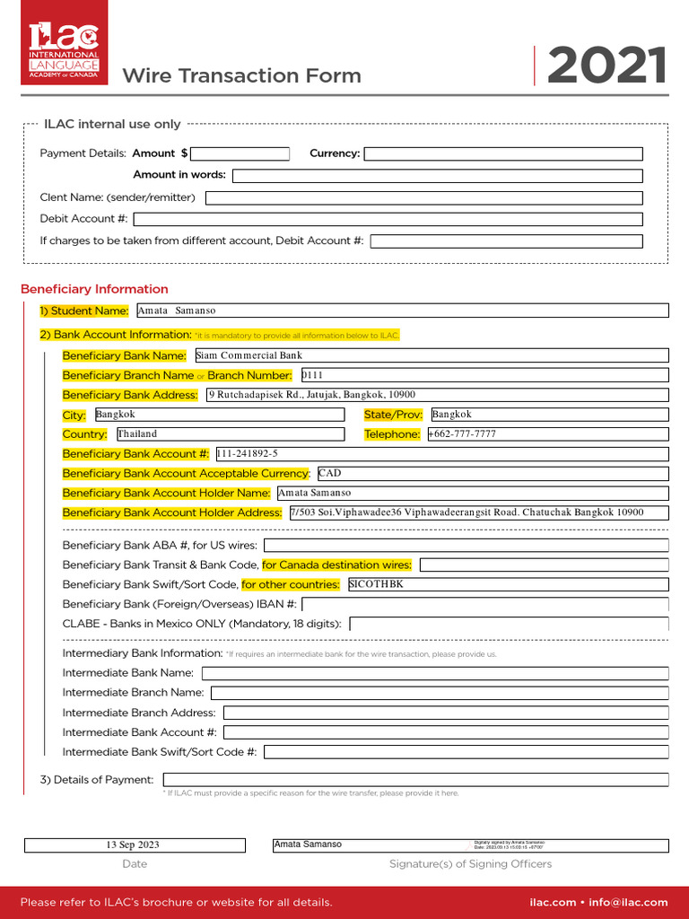 ILAC International Wire Transfer Form | PDF | Wire Transfer | Economies