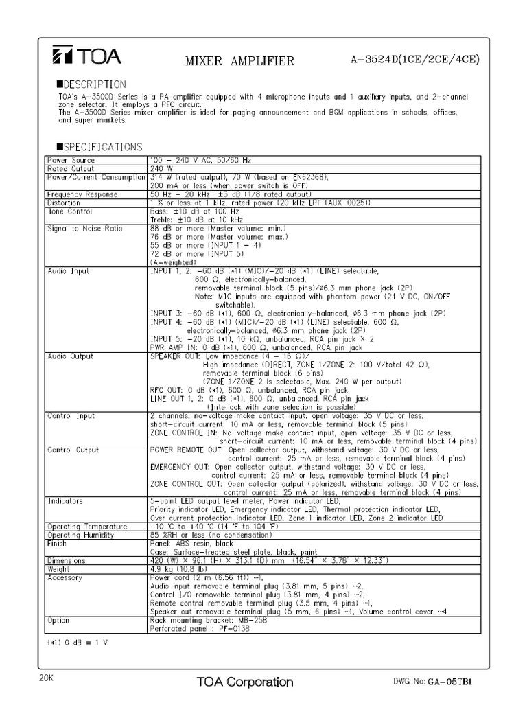 7464 A 3524d Digital Mixer Amplifier Specification | PDF
