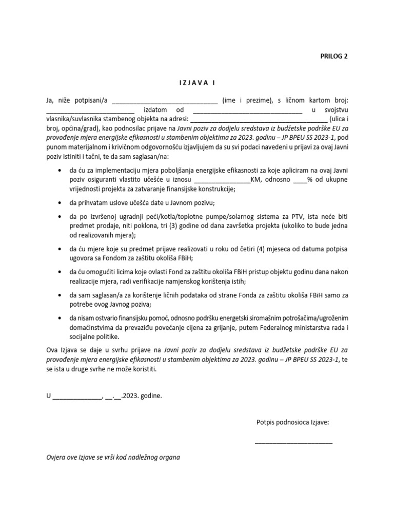 Prilog 2 - Izjava I JP BPEU SS 2023 1 | PDF