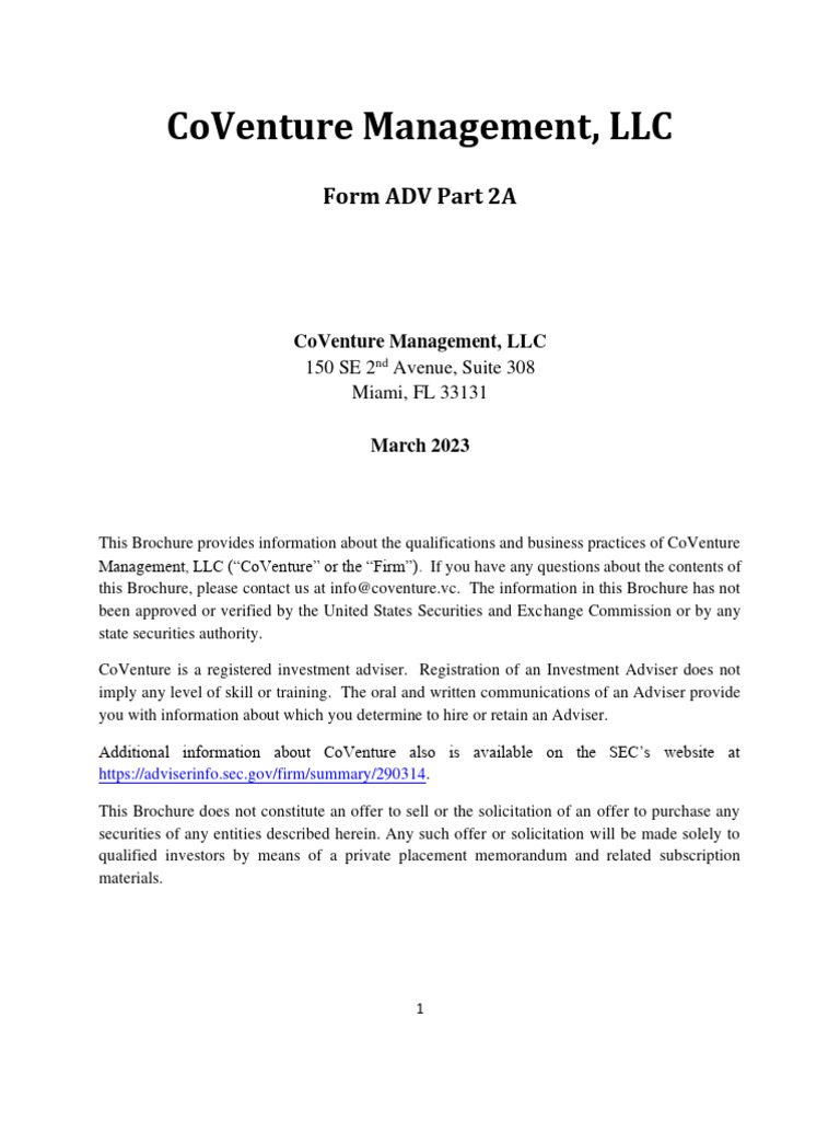 Coventure management llc form adv part 2a pdf bankruptcy loans