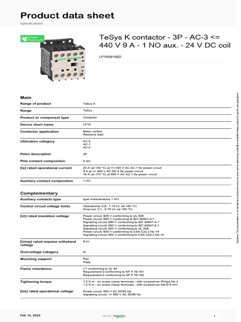 TeSys K Contactors - LP1K0910BD | PDF | Chemistry | Natural Environment
