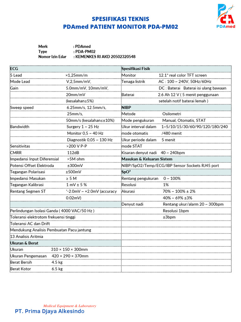 Spesifikasi PDAmed Patient Monitor PDA-PM02 | PDF